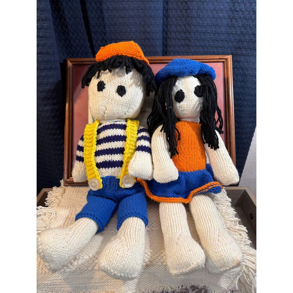 Vintage Handmade Knit Dolls Boy and Girl Set Striped Sweater Suspenders hats
